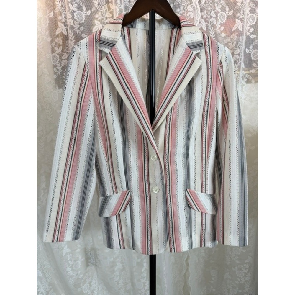 Vintage 1970's Striped Eyelet Knit Blazer Red Navy White Notched Lapel Jacket